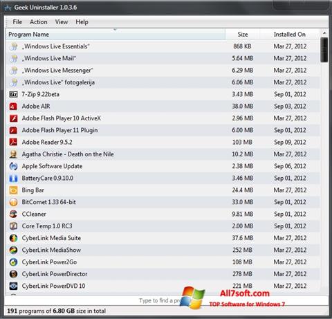 Képernyőkép Geek Uninstaller Windows 7